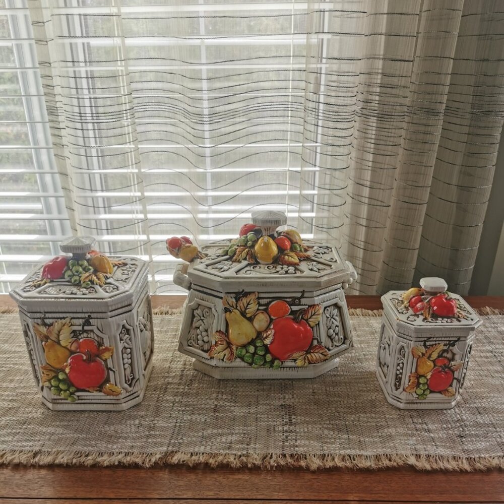 VTG Hand Painted Embossed Fruits Canisters and Tureen Set of 3, New Trends